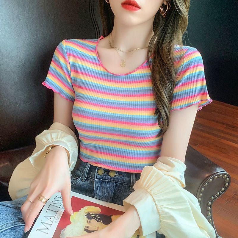 New Spice Girl Sexy Pure Desire Striped Short Sleeve T-Shirt Slim and Skinny High Waist Fungus Edge Top ins Women