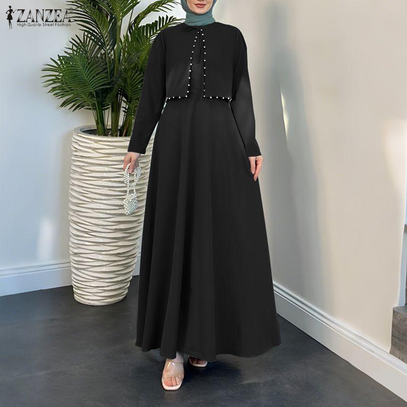 ZANZEA Damen Freizeit Rundhals Langarm Locker Muslimisches Kleid