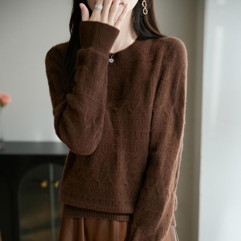 2025 Pure Wool Hollow Loose Knit Round Neck Women's Base Layer - Early Autumn