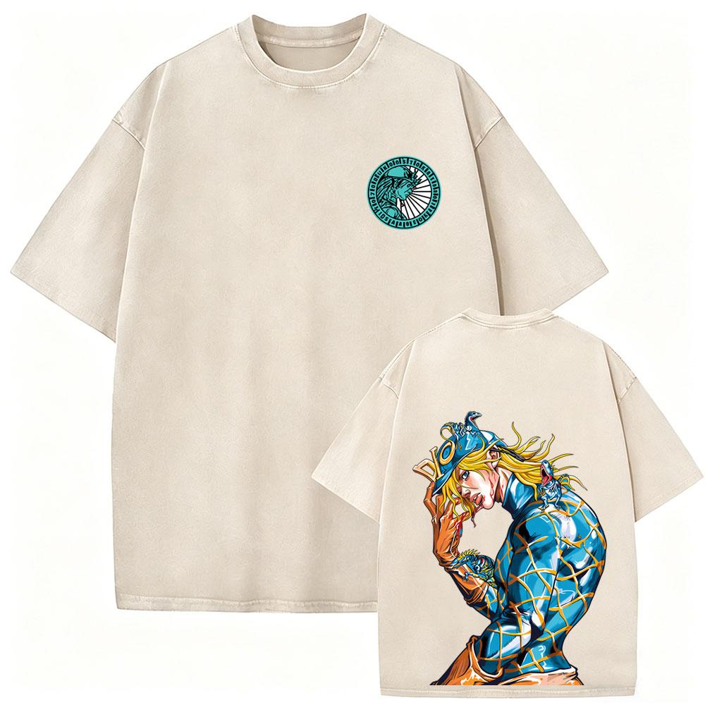 Washed Vintage Anime Jojo Bizarre Adventure Steel Ball Run Diego Brando Graphic Tshirt Men Women Manga Retro Oversized T Shirts