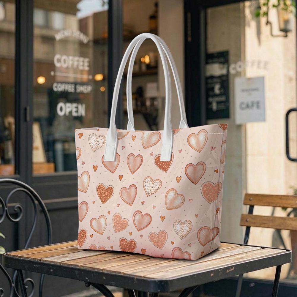 Cute Heart Pattern Tote Bag Sweet Portable Daily Shoulder Bag for Women Outdoor Use