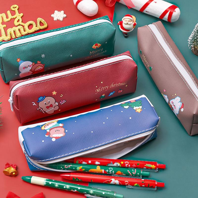 1 Piece Cute Cartoon Christmas Pencil Case Bag Key Chain Pu Large Capacity Coin Wallet Case Pouch Bag School Supplies Gift
