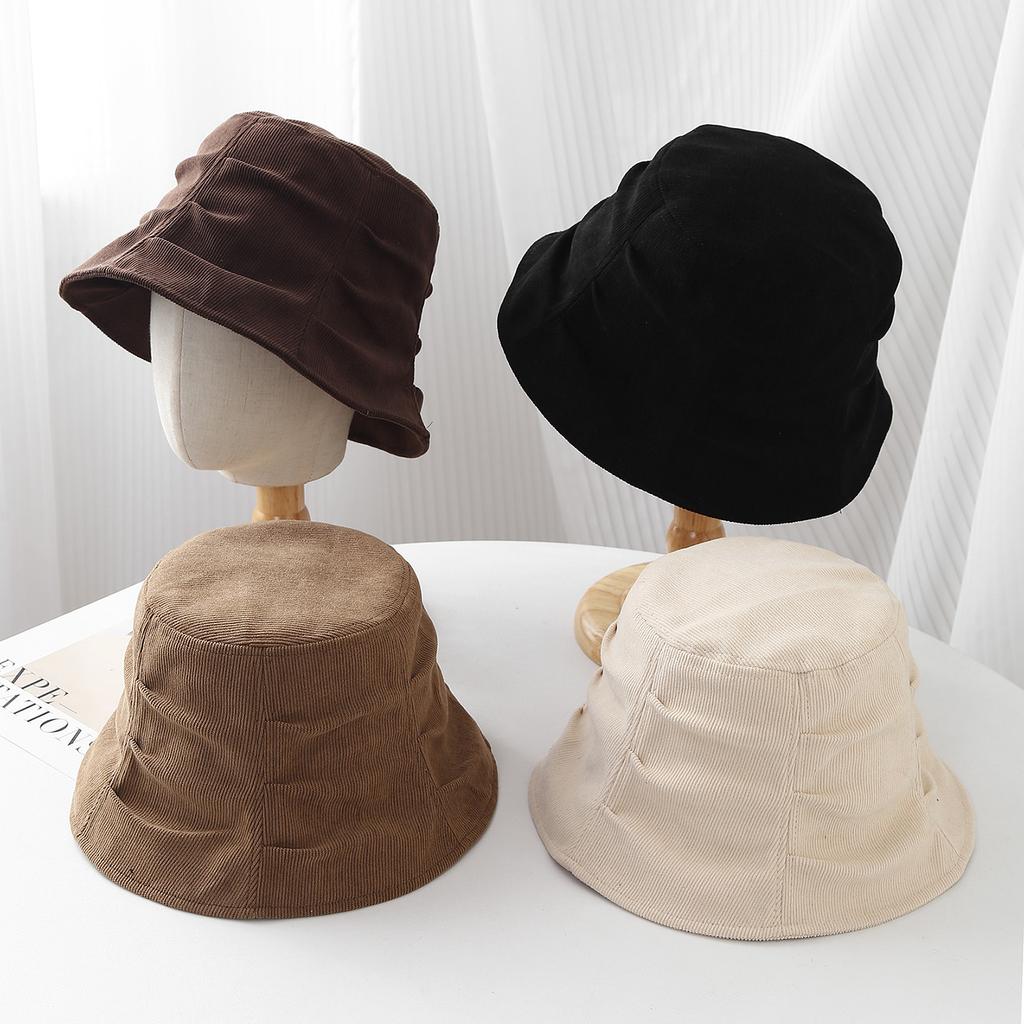 Autumn and Winter Corduroy Bucket Hat Women's Pleated New Face Small Versatile Basin Hat Fashionable Retro Warm Bucket Hat