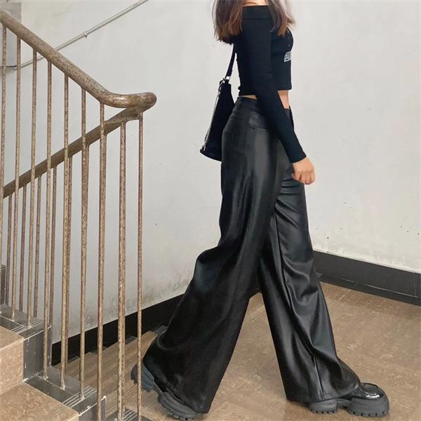 Plus Size Women's Black PU Leather High Waist Straight Leg Pants - Loose, Floor-Length, Wide/Narrow Leg Style for Spring/Autumn.