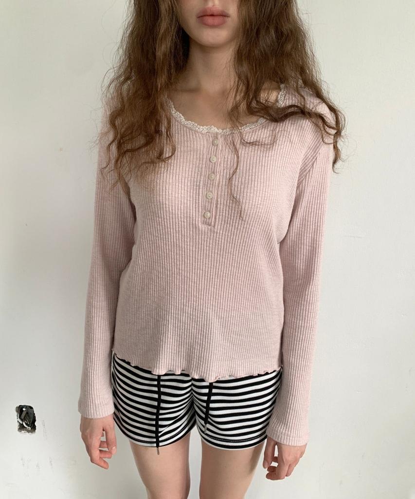 Aepeuteosseommeo Lace Button Sleeve Tee (Pink)