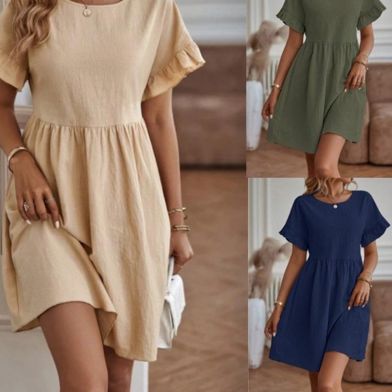 Summer Short Sleeve Women Dress Casual Elegant Round Neck Loose Vintage Dress for Women Fashion Ruffled A Line Lady Dresses 24177