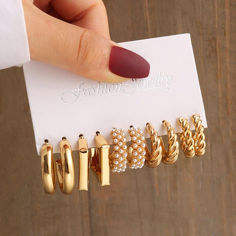 Goldfarbenes Vintage Geometrie Perlen Ohrring Set Metall Zwirn Quadrat Hängeohrringe Rund für Frauen Schlicht Trendig Party Zirkon