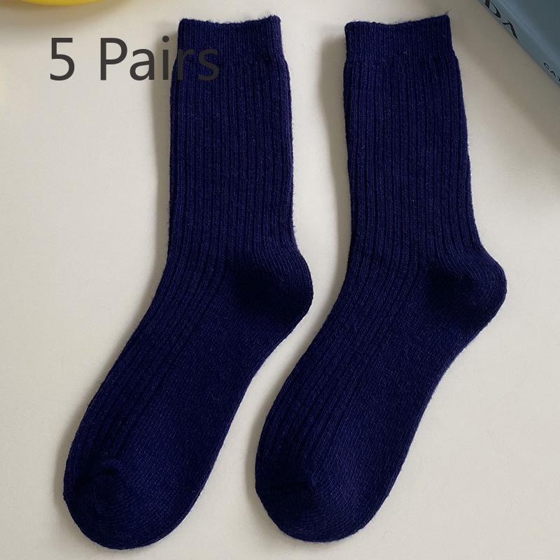 5 Pairs of Women Autumn and Winter New Solid Color Wool Retro Warm Tube Stack Socks