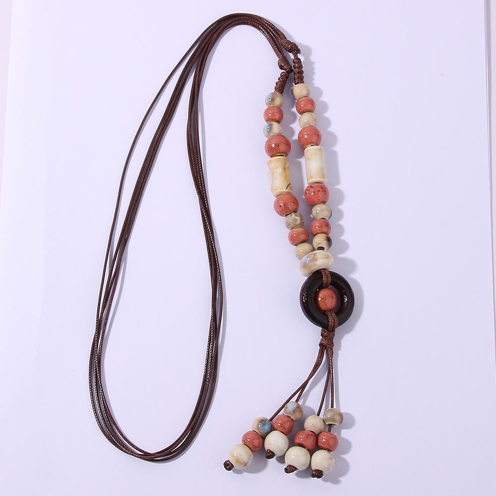 Bohemian Ethnic Style Ceramic Necklace Long Tassel Necklace Retro Simple Versatile Sweater Chain