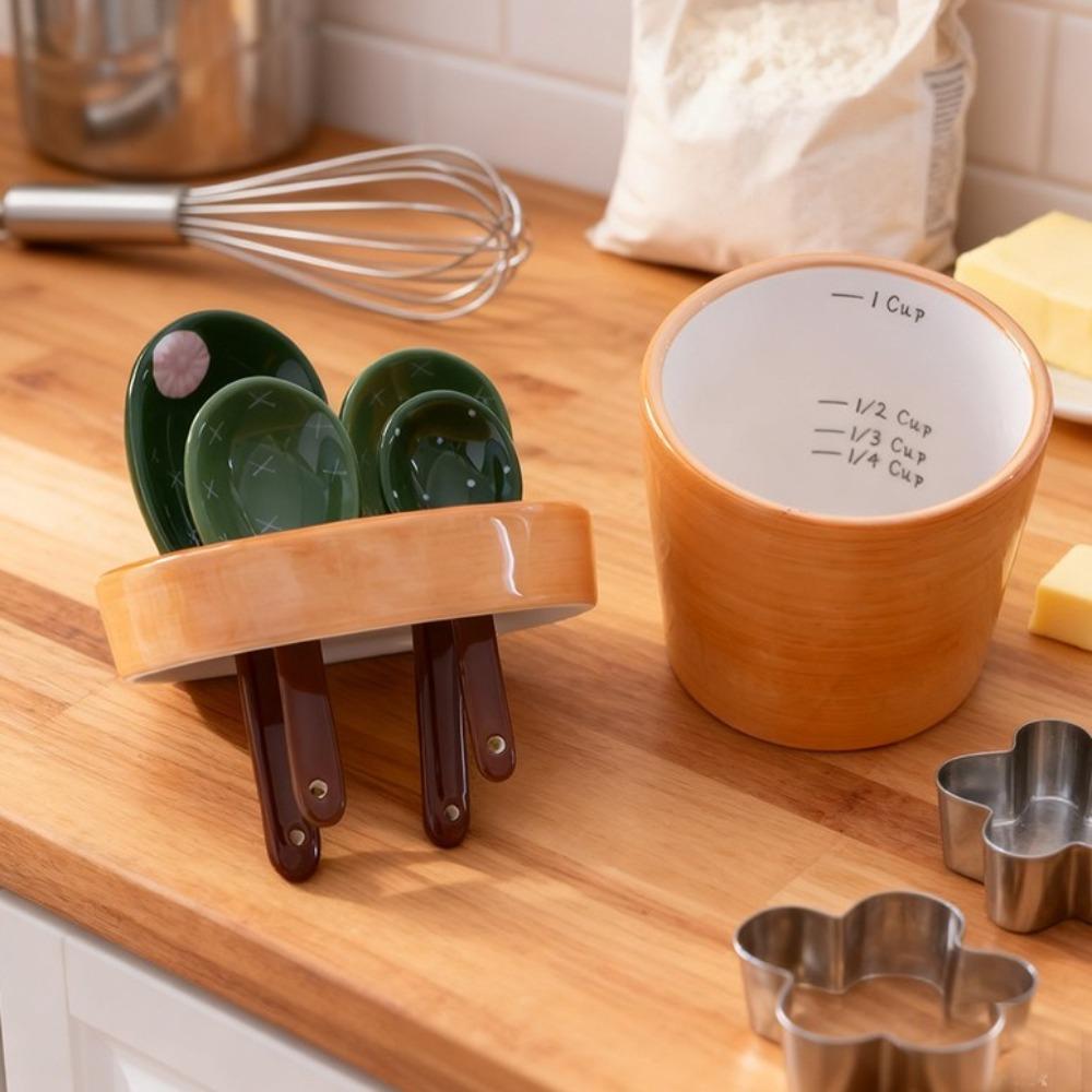 Ceramic Measuring Spoons Set with Base Baking Spoons Flower Pot Cactus Ornament Powder Scoop