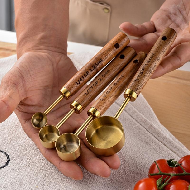 Set of 4 Baking Tool Set Stainless Steel Measuring Cups Measuring Spoons Wood Handle Kitchenwares for Baking Cooking