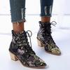 Retro women's boots winter ethnic pointed thick heel lace-up embroidered short boots women's shoes