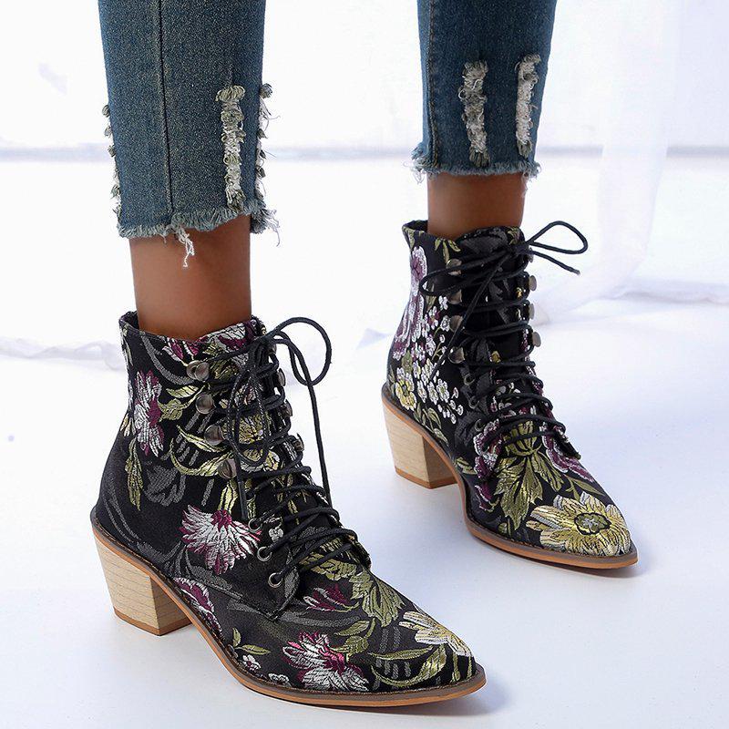 Retro women's boots winter ethnic pointed thick heel lace-up embroidered short boots women's shoes