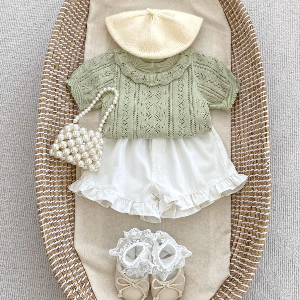 Baby Girl Summer Knit Set Short Sleeve Hollow Out Top And Shorts Breathable Casual Two Piece Outfit