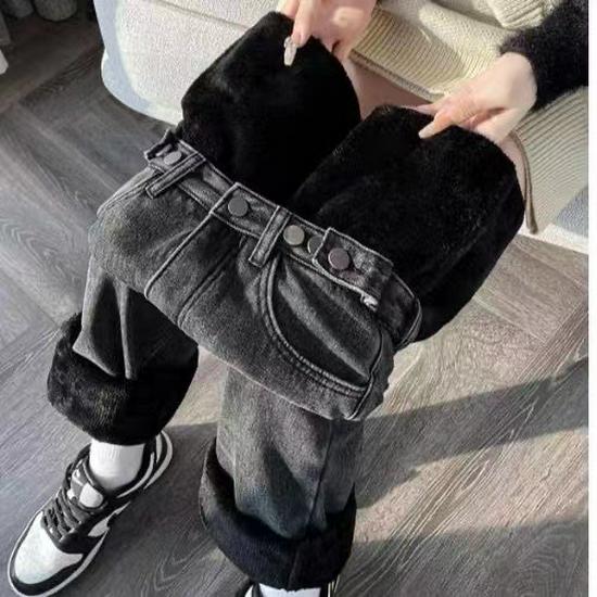 Women's 2023 Winter High-Waist Wide-Leg Jeans: Warm, Thick, Straight-Leg, Slimming Velvet Trousers.