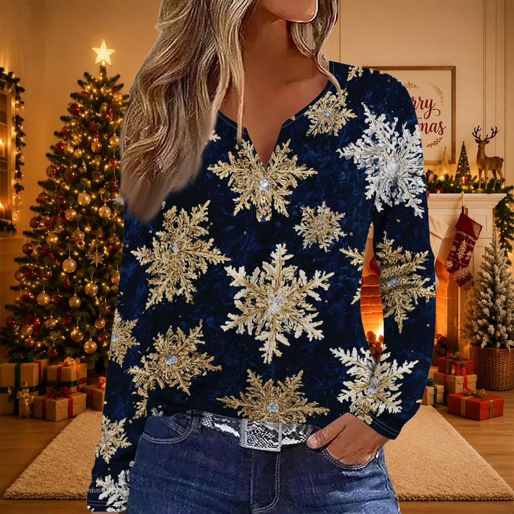 Women's Long Sleeve Christmas Print V-Neck T-Shirt with Button