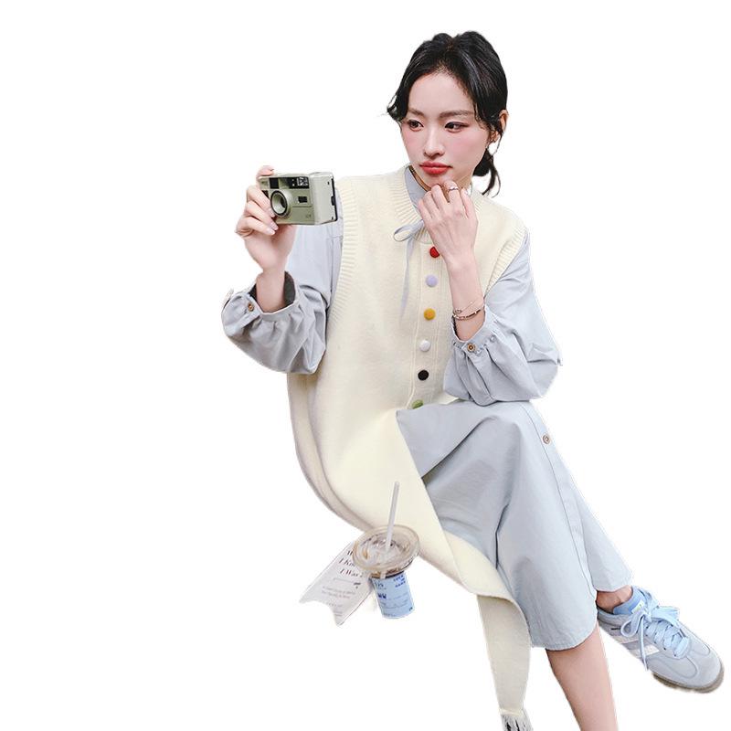 Women's Spring 2025 Playful Two-Piece: Colorful Button Shirt Dress & Tassel Knit Vest Suit