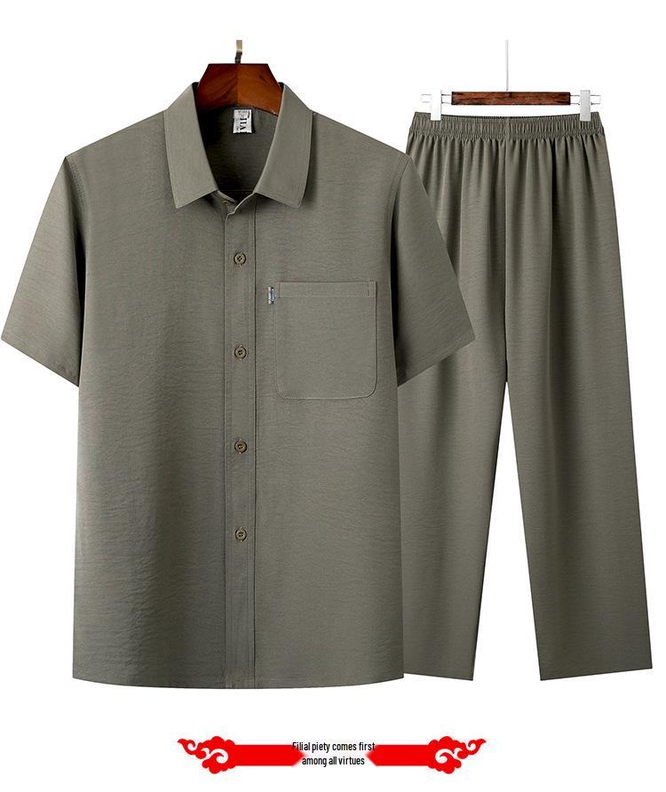 Ice Silk Short-Sleeve Shirt & Lapel Two-Piece Summer Set for Middle-Aged and Elderly Men