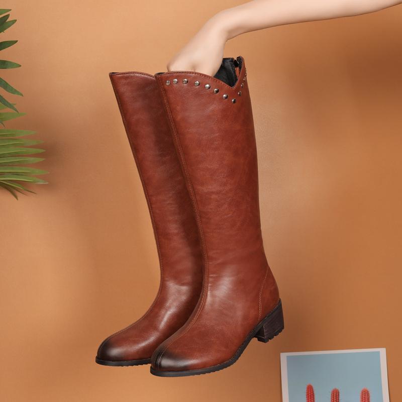 Women's low-heeled boots autumn and winter thick-heeled large-size casual mid-boots