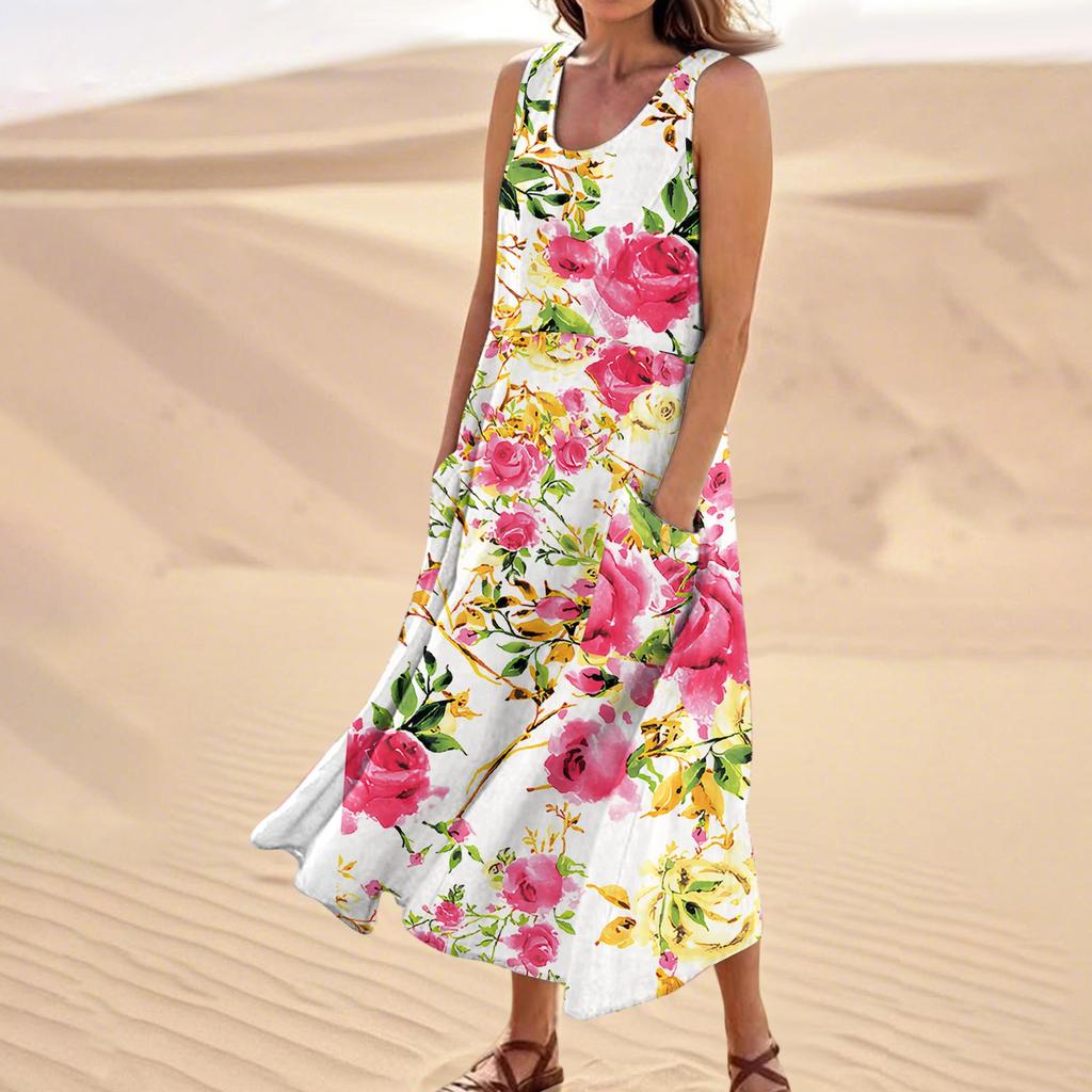 Women's Summer Casual Fashion Flower Printed Sleeveless  Pocket Dress