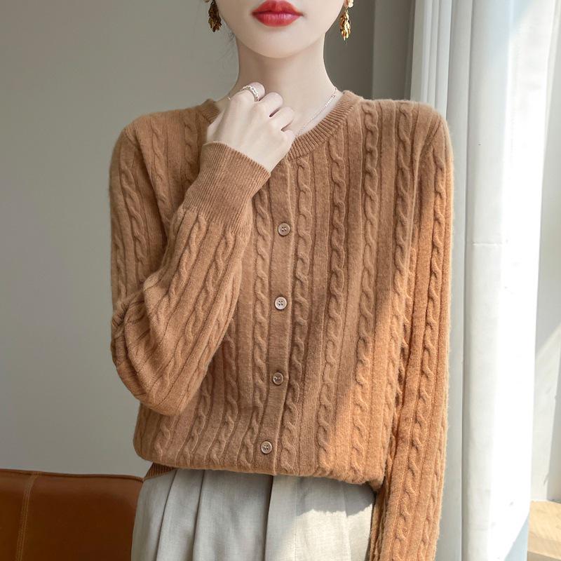 White Cable Knit Cardigan Coat - Women's Korean Slim Fit, Autumn Long Sleeve Sweater
