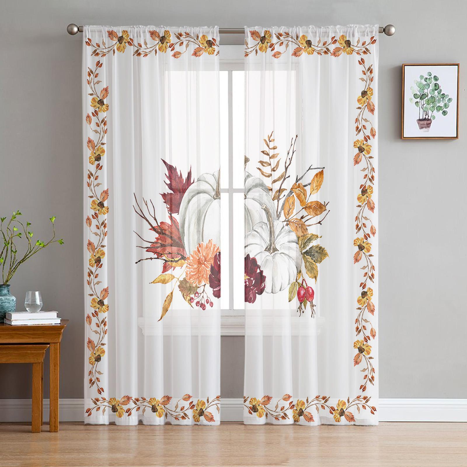 

Осенние прозрачные шторы на День Благодарения с тыквой и кленовым листом, домашний декор окон, вуаль, тюлевые шторы для гостиной, спальни, кухни W135 x H115cm x1&Grommet Top