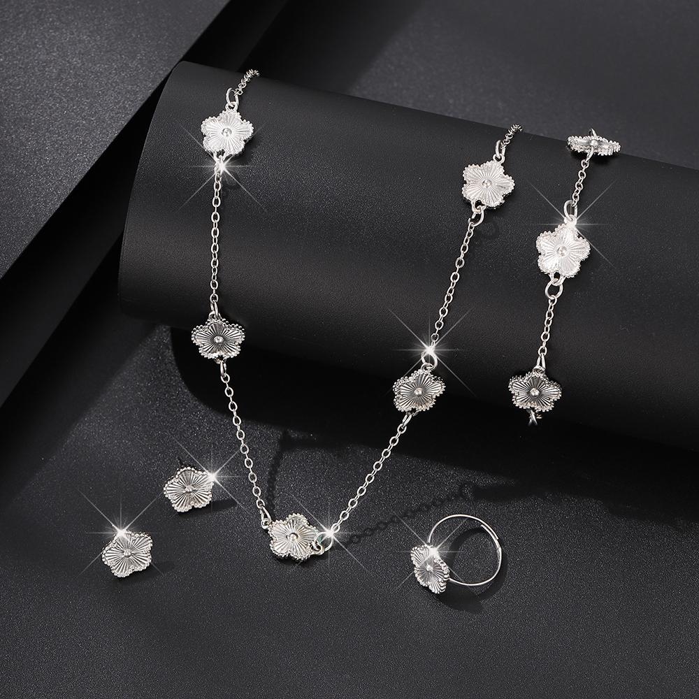 Shining Plum Blossom Plant Five Leaf Flower Plant Jewelry Set Bracelet Necklace Earrings Women's Clover