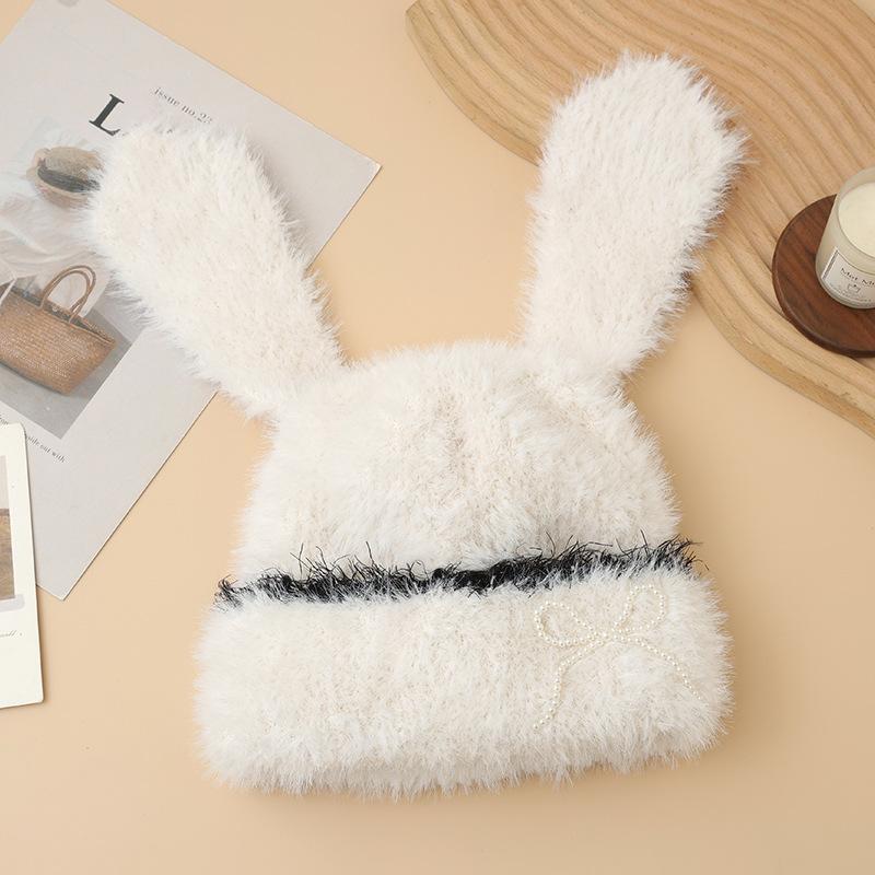 

Winter hat women s cute rabbit ears bow knitted hat ear protection warm wool hat headgear hat One Size