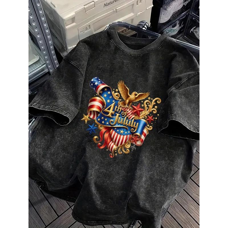 

European sizes Men S Washed T-shirt | Golden Eagle Stars Stripes Printed, Crew Neck, Short Sleeve, Soft Comfortable Daily Casual Tee S чёрный