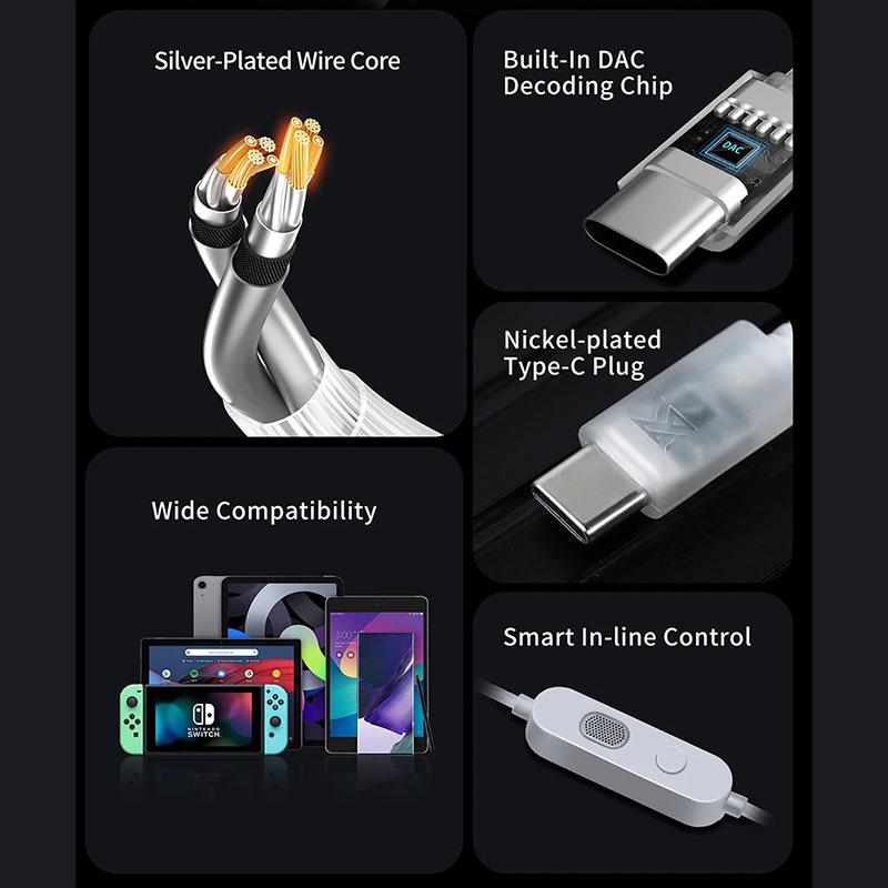KZ Dual Silver Plated Type-C Upgrade Earphones Cable 0.75mm HIFI DAC Earphones Replacement Cable USB C 2PIN Cable For KZ ZSN