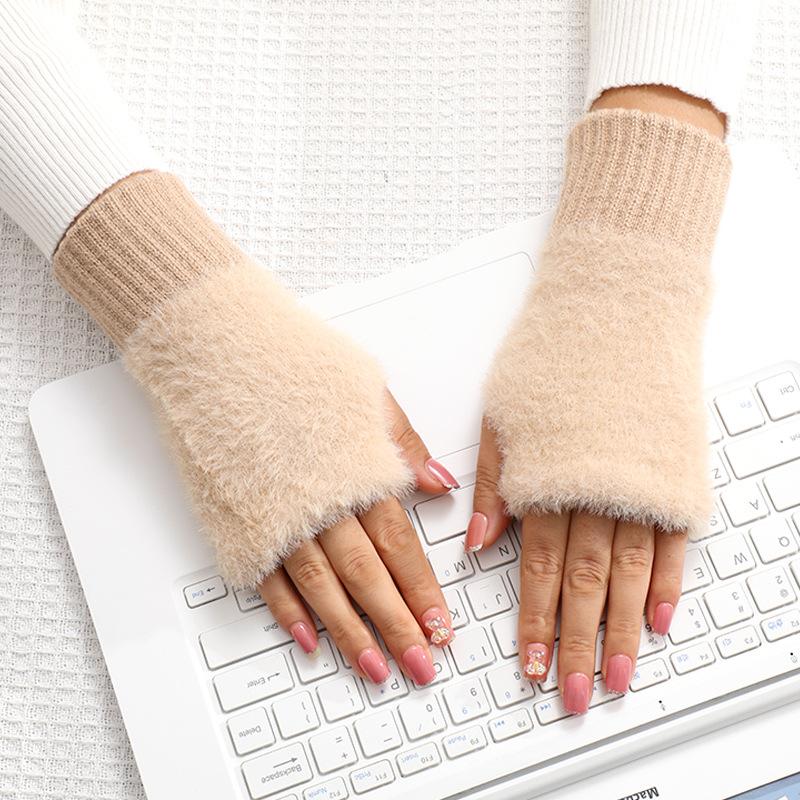 New Solid Color Winter Half Finger Gloves Women Girls Mink Fleece Plush Knitted Soft Finger-less Gloves Wrist Mittens Writing