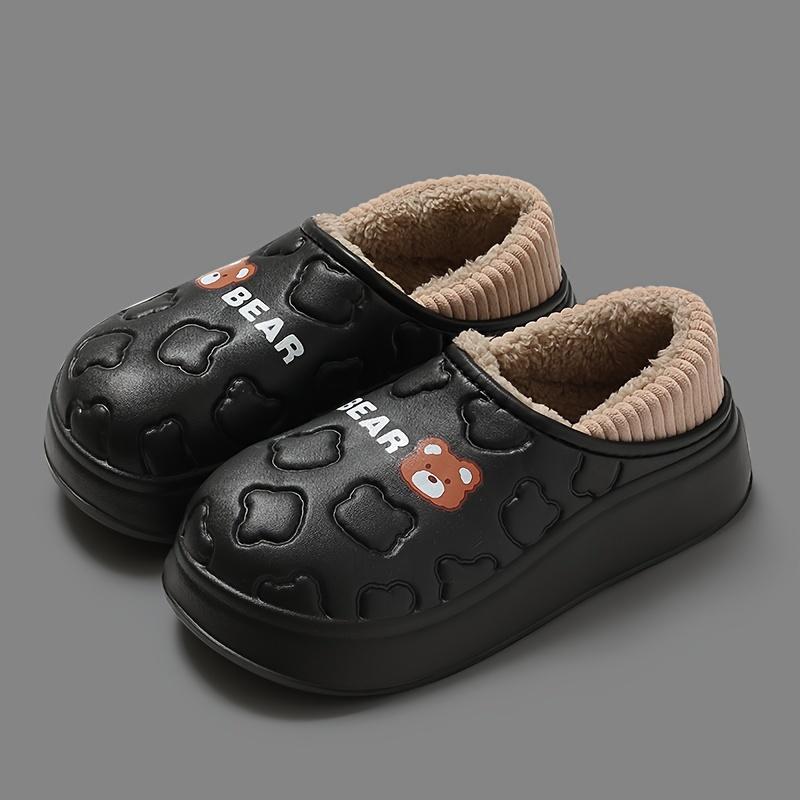 Mit Plüsch gefütterte Hausschuhe mit Cartoon-Bär für Damen, wasserdichte Hausschuhe, modische Hausschuhe für drinnen und draußen mit weicher EVA-Sohle