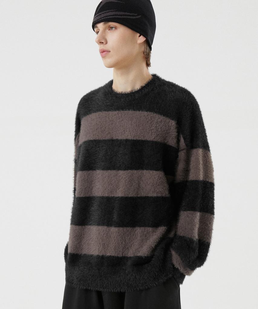 TRILLION Hairy Brush Stripe Crew Neck Knit (Ash Gray)