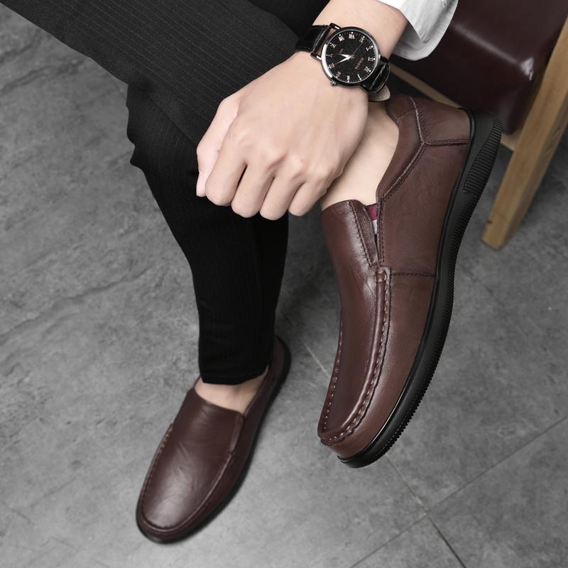 Men's Casual Leather Walking Shoes Business Non-slip Soft Bottom Work Loafers Round Head Flat Bottom Footwear Outdoor Sneakers