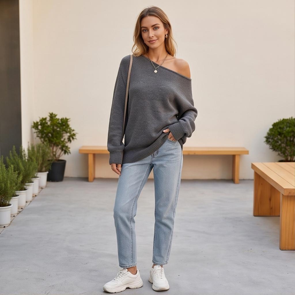 Women's Off-Shoulder Long Sleeve Knit Pullover Sweater