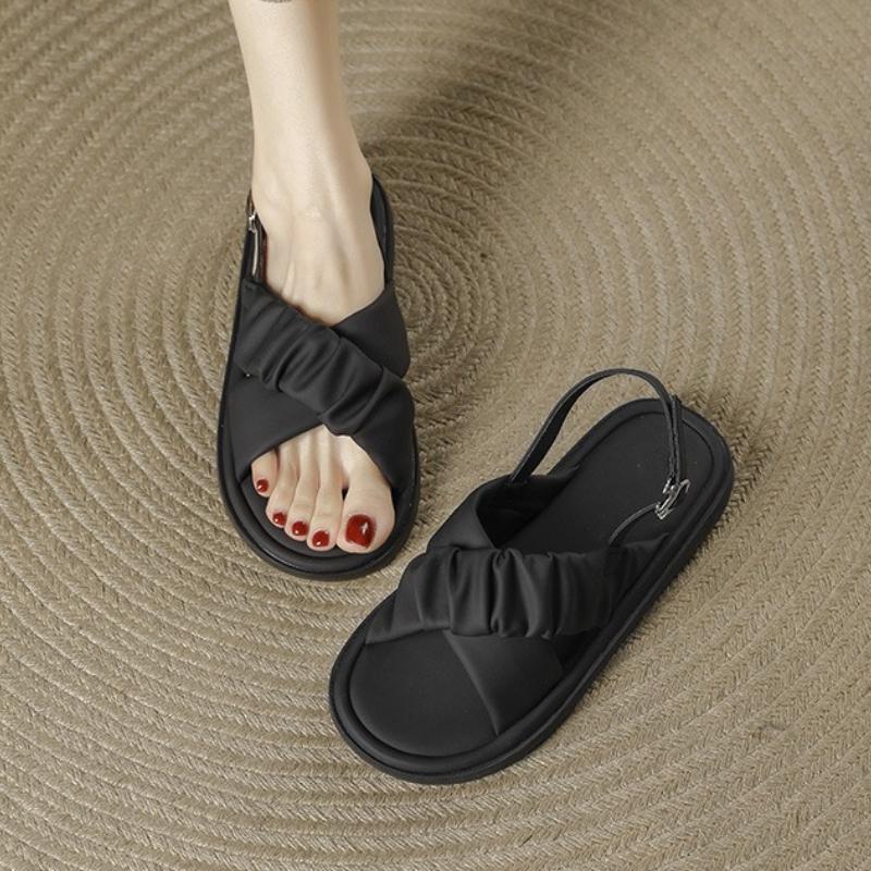 Fashion Comfort Soft-sole Flat Sandals Women Fashion Cross Tied Buckle Concise Designer Shoes Summer Sexy Open Toe Back Strap Beach Shoe