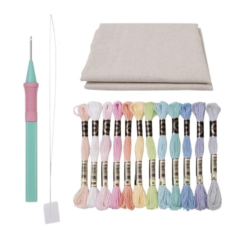 Beginner Punching Needle Embroidery Set Inlcudes 12 Color Yarn, Embroidery Cloth, Punching Needle Pen, Needle Threader