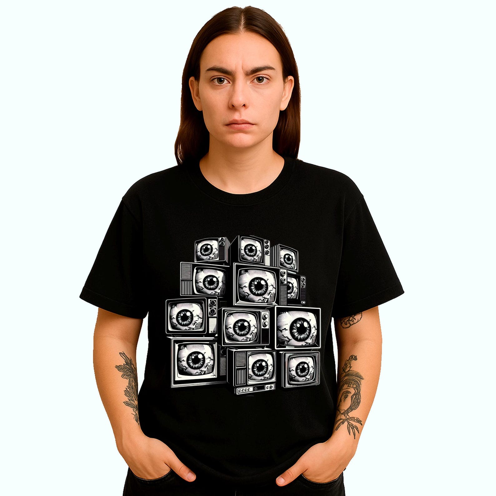 Retro Eyeball TV T-Shirt: Creepy Horror Art, Dark Grunge Tee 4XL
