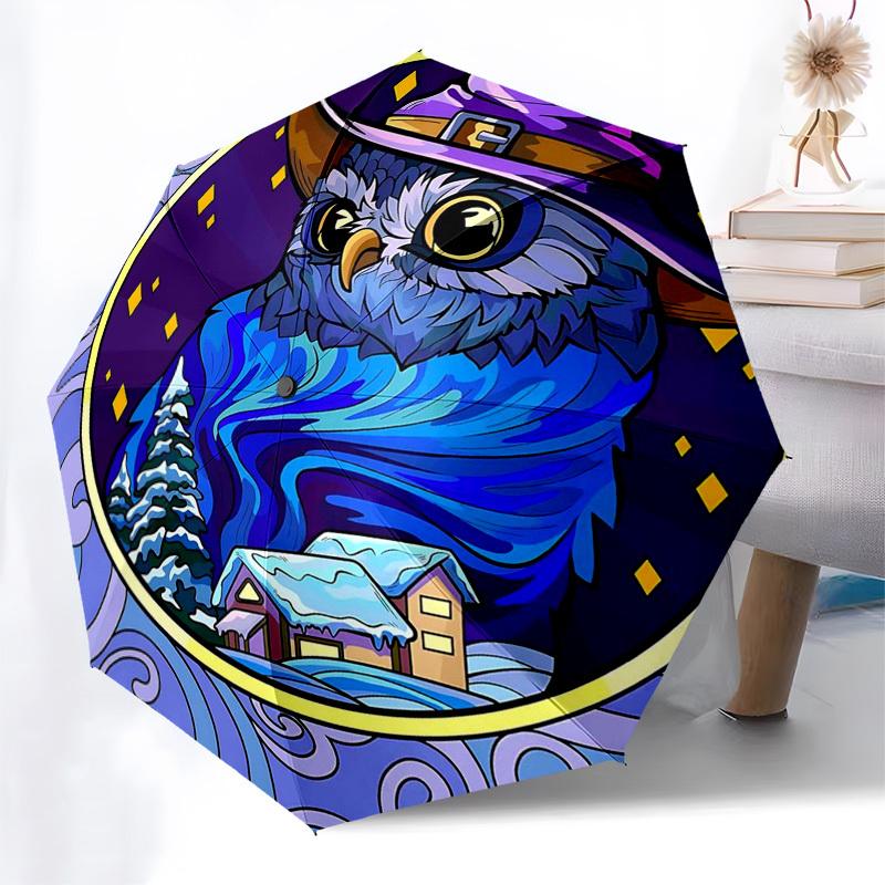 

1pc Winter Wonderland Owl with Witch Hat: Automatic Opening/Closing Umbrella, Portable Tri-Fold Design, 8-Bone Iron Frame, Outdoor Umbrella, Festive G
