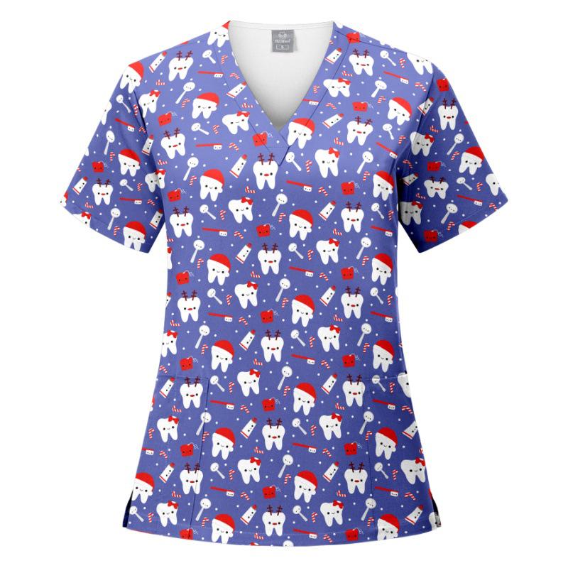 V-Neck Short Sleeve Printed Scrub Suit for Dental Clinics and Hospitals