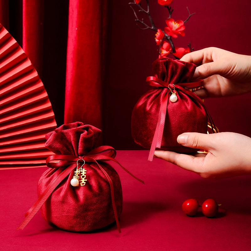 European Style Velvet Round Candy Bag - Creative Wedding & Festival Favor with Drawstring