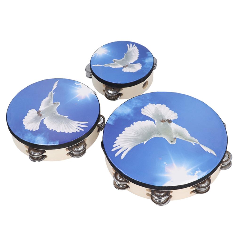 3PCS Wooden Tambourine Double Row Bell Jingles Hand Held Drum Hand Percussion Instrument for Adults Kids 6in 8in 10in