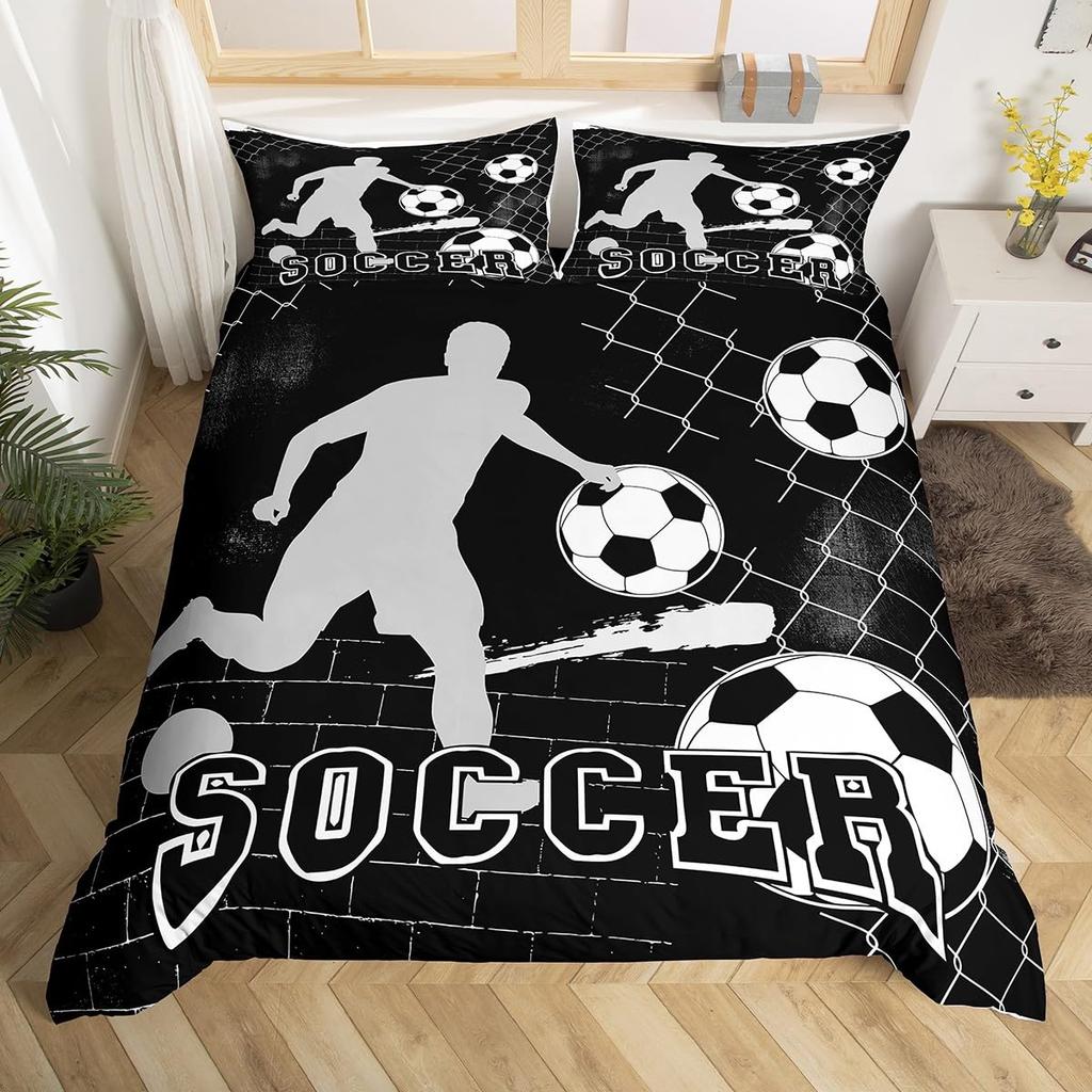 Reißverschluss mit Fußball-Bettbezug, Vollgröße, Fußball-Sport-Bettwäsche-Set, Jungen, Teenager, Ballspiel-Deckenbezug, Blauer Bettdeckenbezug, 3 Teile