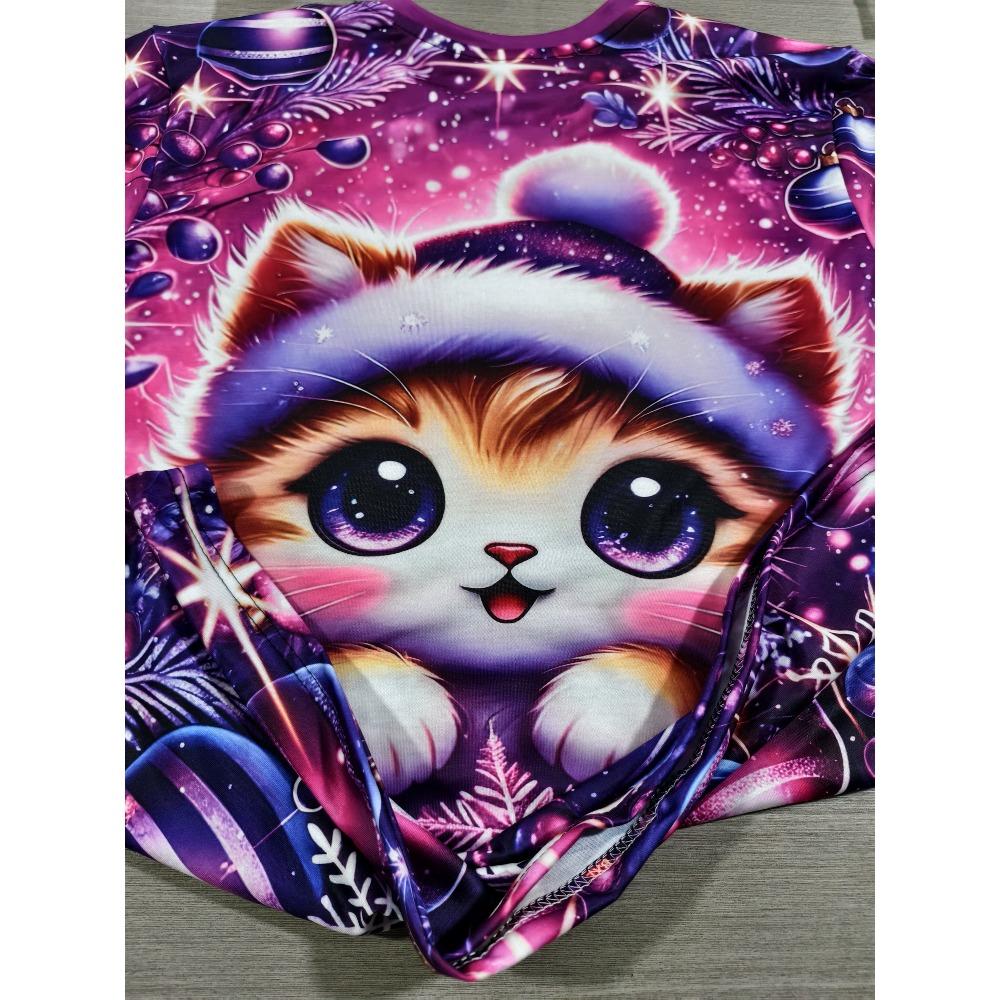 Ladies Loose T-shirt, Christmas Atmosphere Plus Cute Kitten, Printed T-shirt