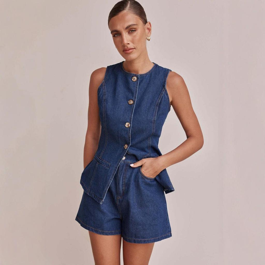 Sleeveless Denim Two-Piece Set for Women: Button Design High-Waisted Shorts, Trendy & Casual European-American Style 2026.