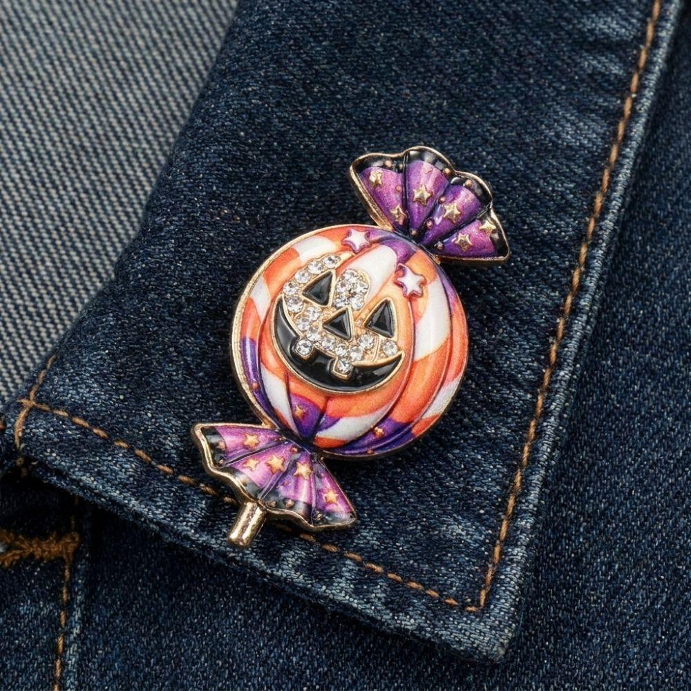 Zinc Zinc Alloy Halloween Pumpkin Candy Brooch Pin Shining Rhinestone Lapel Pin  For Women Unisex