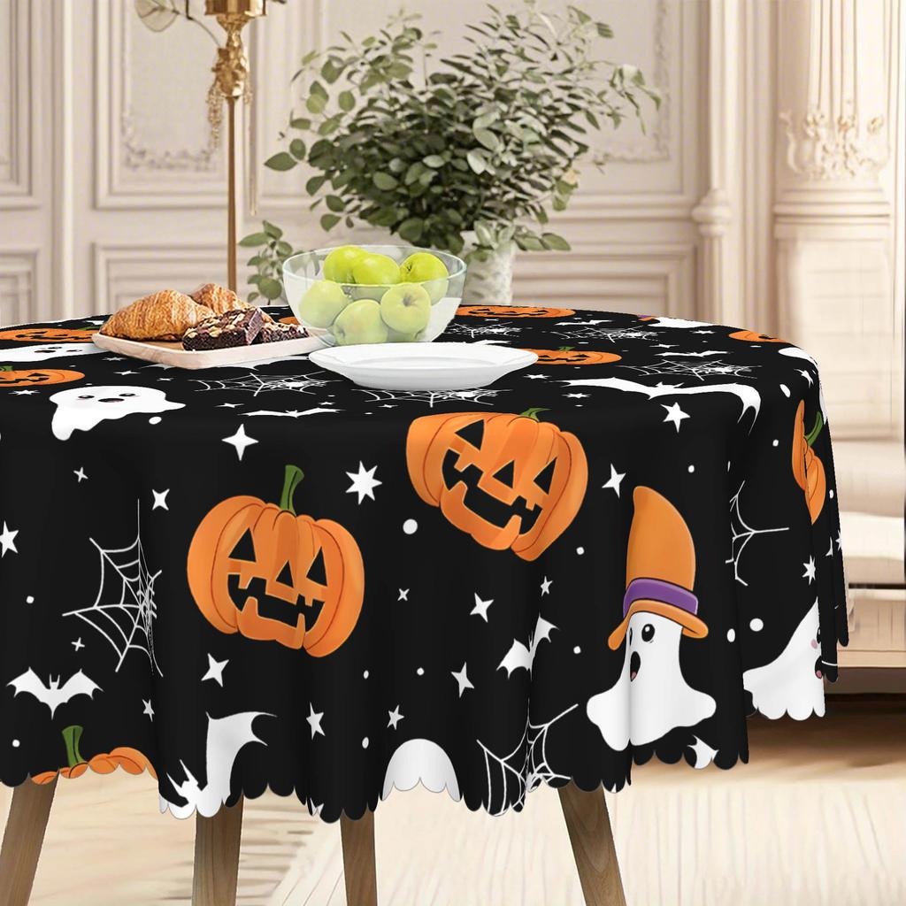 1 Halloween Pumpkin Pattern Tablecloth, Black Background With Ghosts, Optional Round And Long Tablecloth