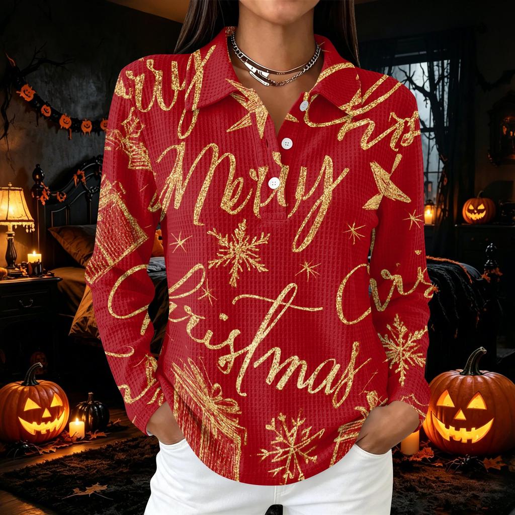 Damen Freizeit Christmas Print Knopfleiste Langarm Hemdbluse Oberteil mit Seitenschlitzen