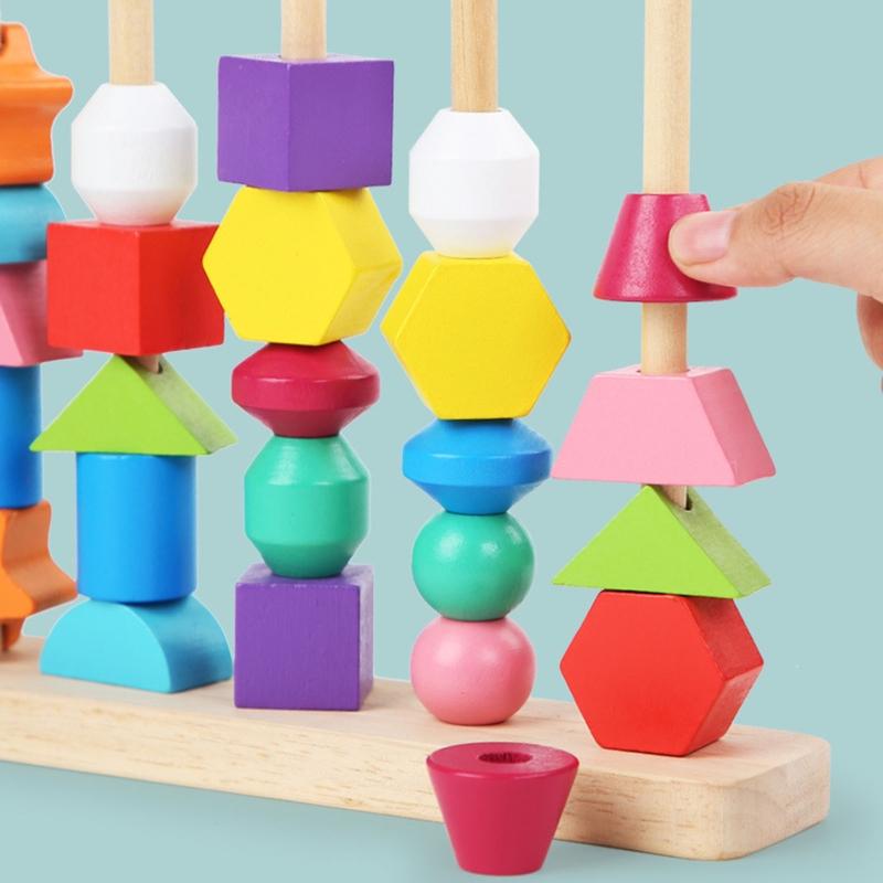 Learning Plugging Block Toy Shape & Color Sorting Game Wooden Beading Toy Stacking Puzzle Interactive Toddler Fun Gift