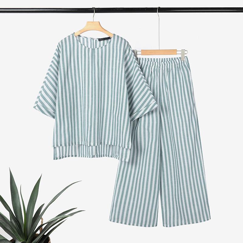 ZANZEA Women 3/4 Sleeve Blouse and Pants Summer Stripe Two Piece Suit Sets